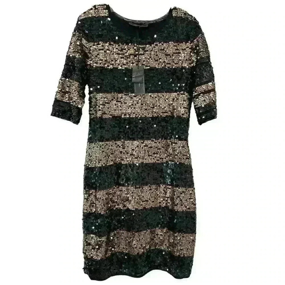 BCBGMAXAZRIA NWT Marta Black Gold Dress Size L Allover Sequin Striped Sheath - Picture 2 of 11